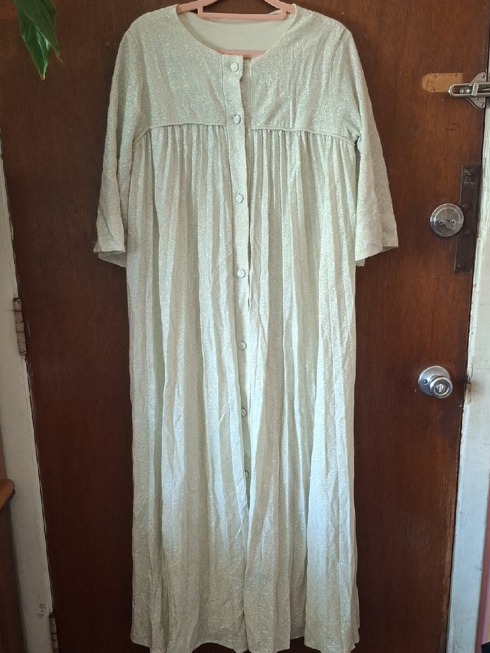 Women's Long Button-Front Robe in Silver Sparkle Vintage Sz M Retro Pinup Glamor